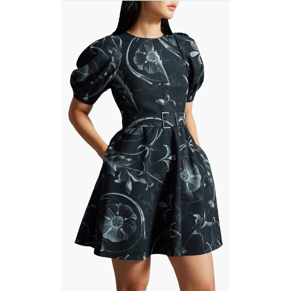 NWT Ted Baker London Saaraih Floral Print Puff Sleeve Dress Size 5 US 12 Black - Picture 1 of 11